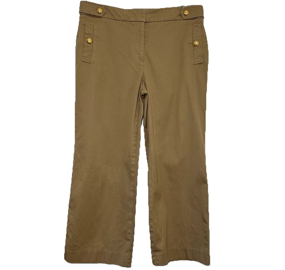 Talbots Khaki Crop Pants Gold Button Nautical Wide Leg Tan Size 8
